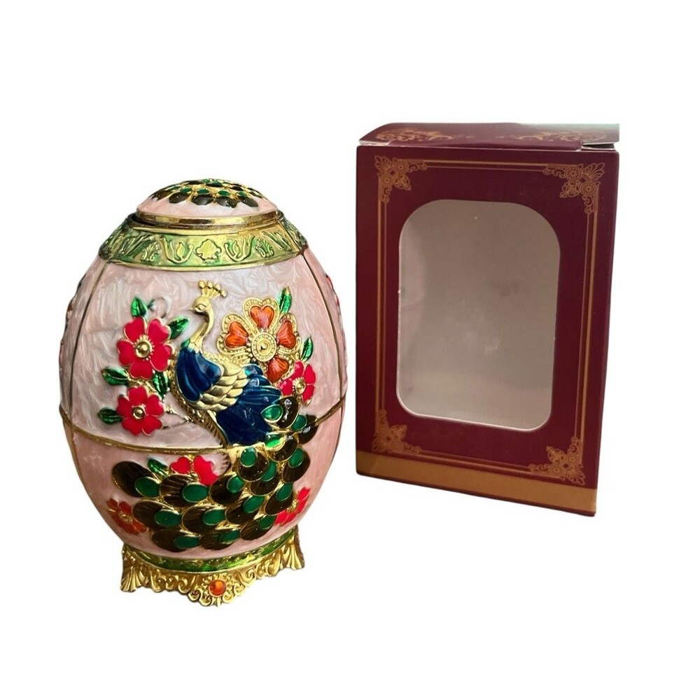 Enamel Retractable Toothpick Holder Peacock Egg-Shaped Decorative 4-1/2"